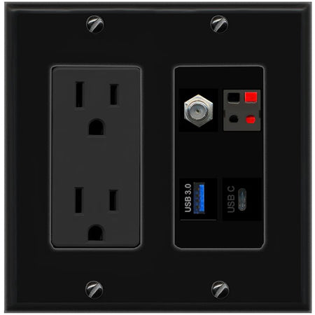 RiteAV COAX SPEAKER USB-3 USBC Wall Plate with 15A Power Outlet [Black]
