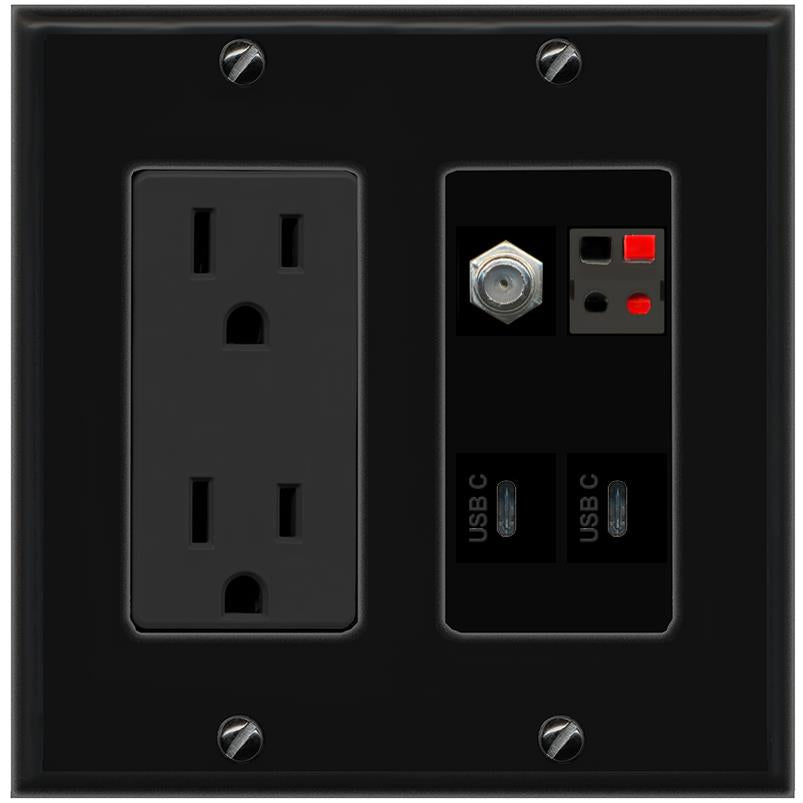 RiteAV COAX SPEAKER 2 USBC Wall Plate with 15A Power Outlet [Black]