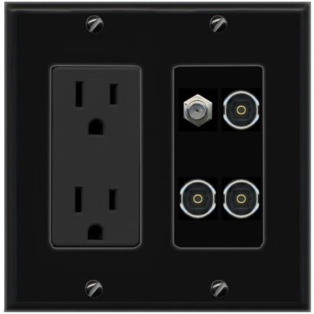 RiteAV COAX 3 TOSLINK Wall Plate with 15A Power Outlet [Black]