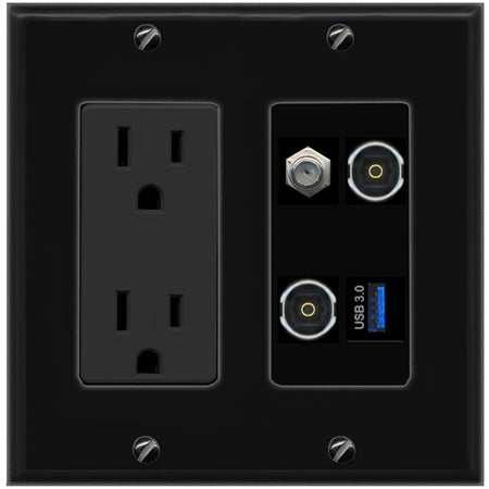 RiteAV COAX 2 TOSLINK USB-3 Wall Plate with 15A Power Outlet [Black]
