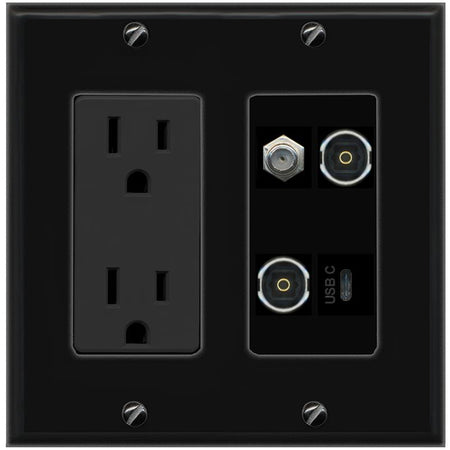 RiteAV COAX 2 TOSLINK USBC Wall Plate with 15A Power Outlet [Black]