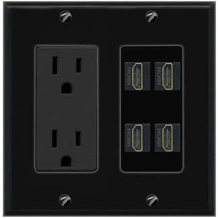RiteAV 4 HDMI Wall Plate with 15A Power Outlet [Black]