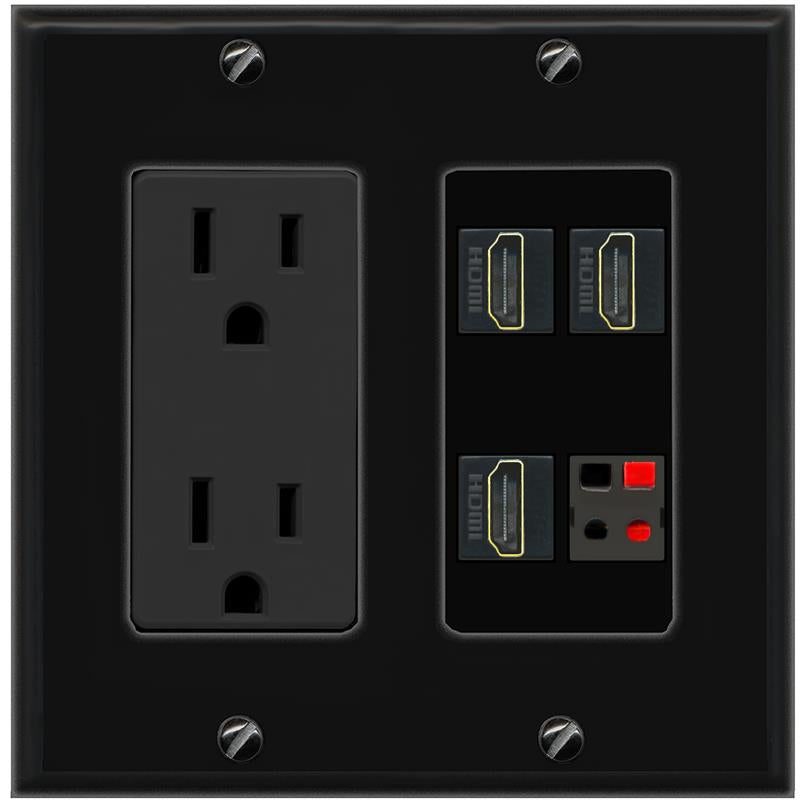 RiteAV 3 HDMI SPEAKER Wall Plate with 15A Power Outlet [Black]