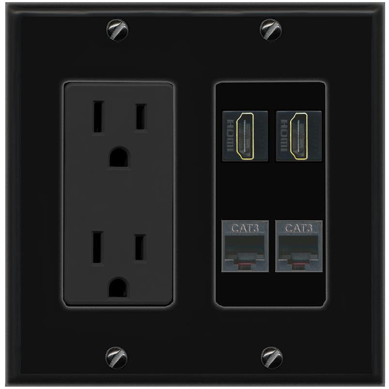 RiteAV 2 HDMI 2 PHONE Wall Plate with 15A Power Outlet [Black]