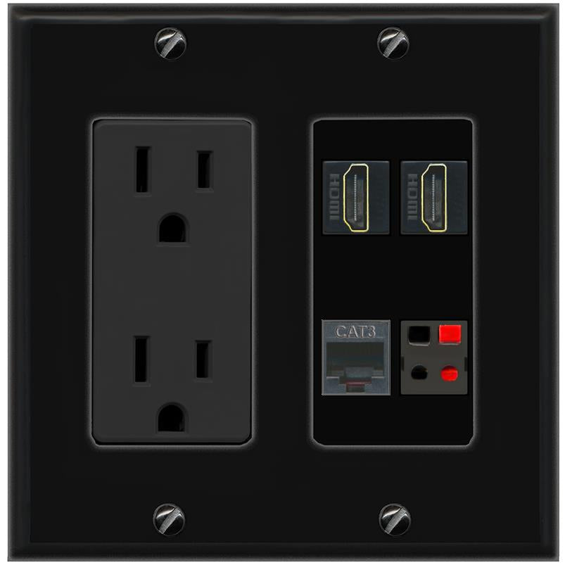 RiteAV 2 HDMI PHONE SPEAKER Wall Plate with 15A Power Outlet [Black]