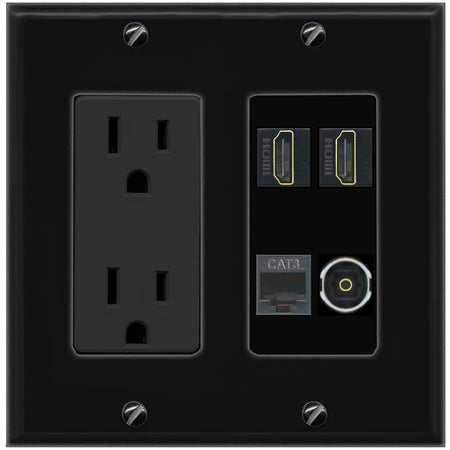 RiteAV 2 HDMI PHONE TOSLINK Wall Plate with 15A Power Outlet [Black]