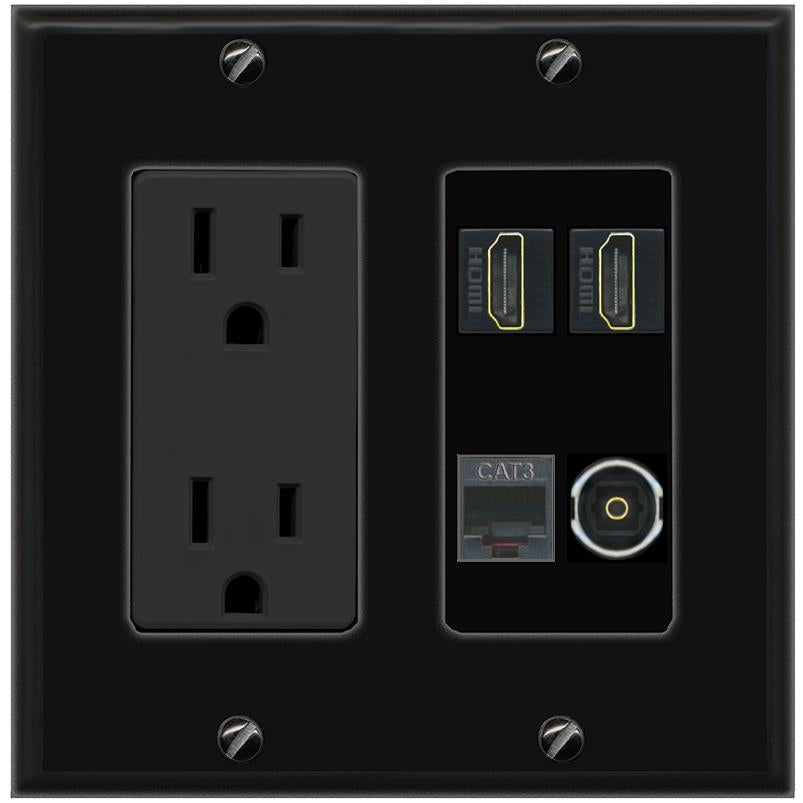 RiteAV 2 HDMI PHONE TOSLINK Wall Plate with 15A Power Outlet [Black]