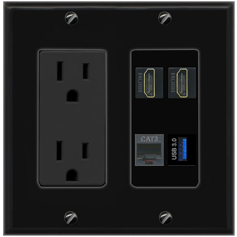 RiteAV 2 HDMI PHONE USB-3 Wall Plate with 15A Power Outlet [Black]