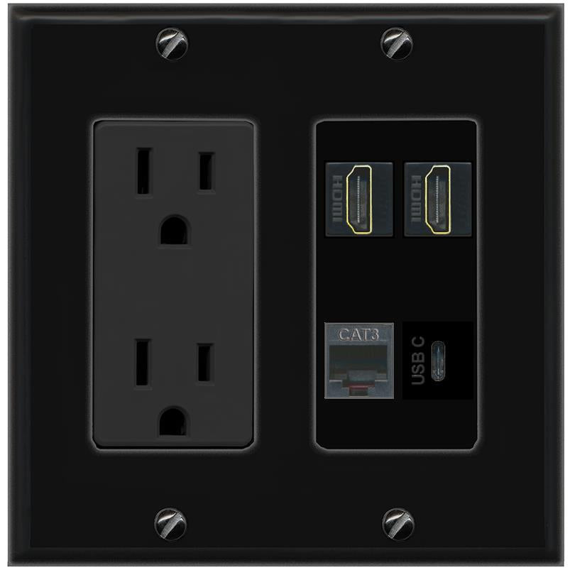 RiteAV 2 HDMI PHONE USBC Wall Plate with 15A Power Outlet [Black]