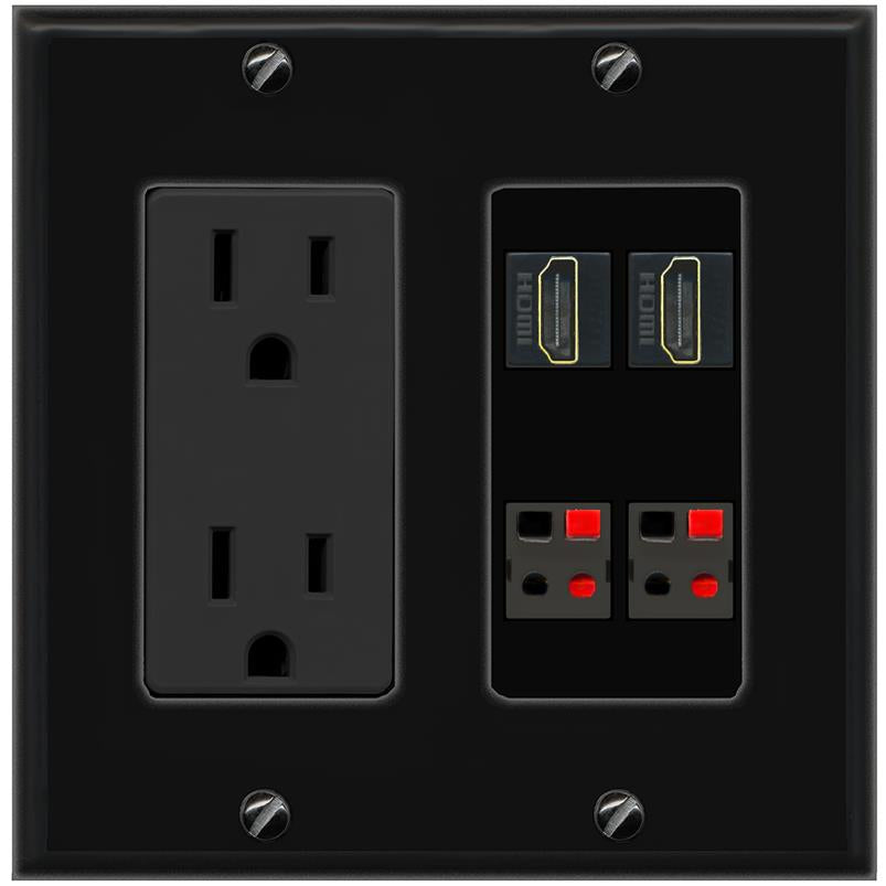 RiteAV 2 HDMI 2 SPEAKER Wall Plate with 15A Power Outlet [Black]