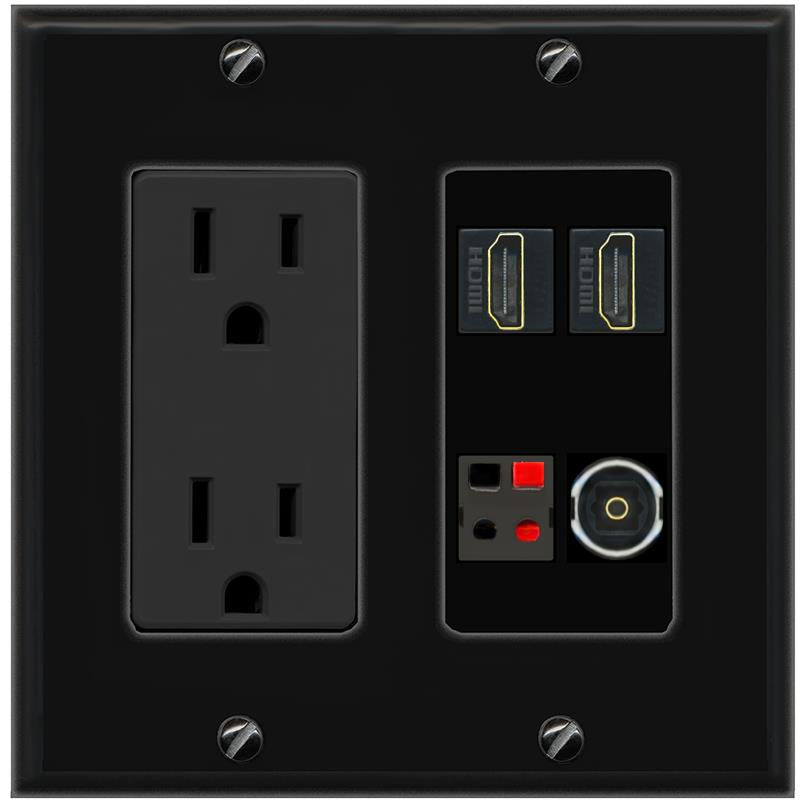 RiteAV 2 HDMI SPEAKER TOSLINK Wall Plate with 15A Power Outlet [Black]