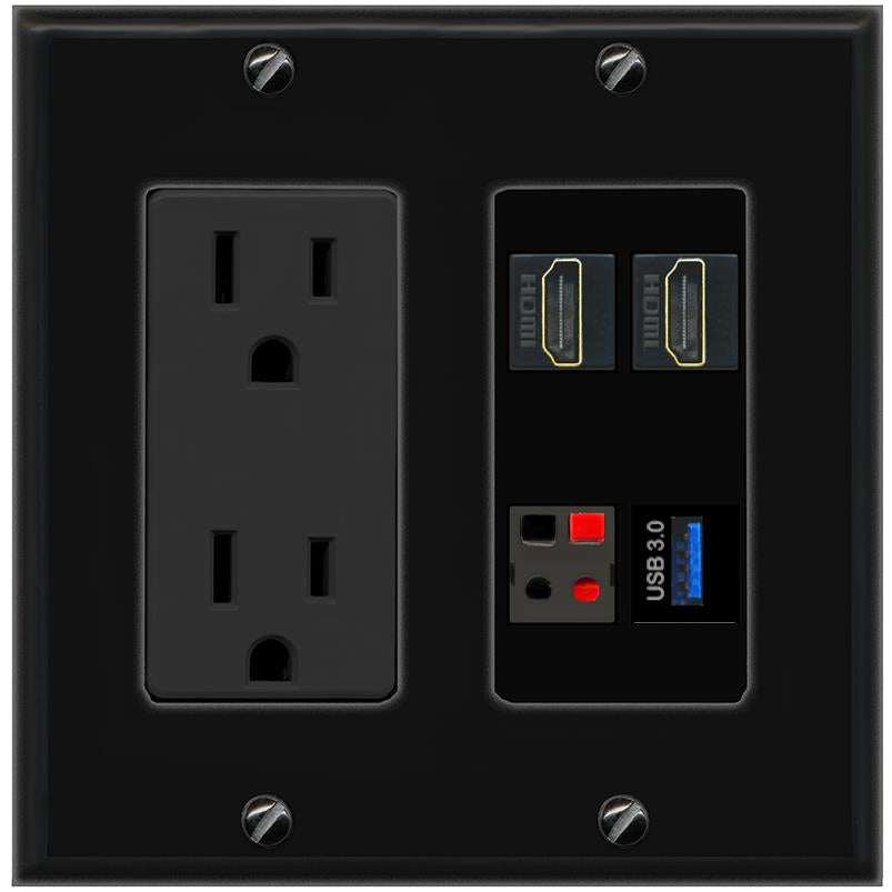 RiteAV 2 HDMI SPEAKER USB-3 Wall Plate with 15A Power Outlet [Black]
