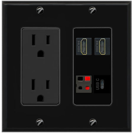RiteAV 2 HDMI SPEAKER USBC Wall Plate with 15A Power Outlet [Black]
