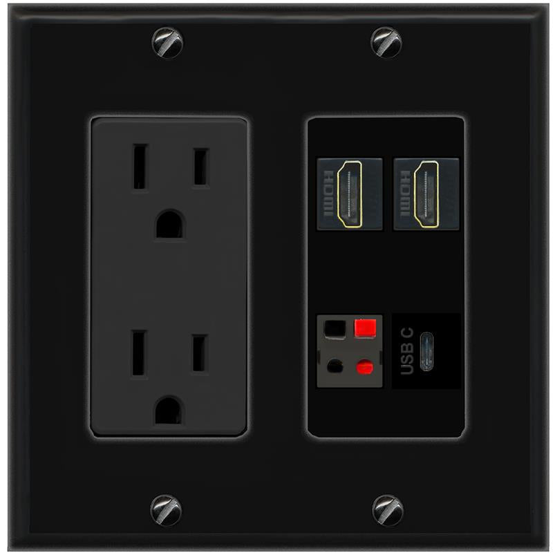 RiteAV 2 HDMI SPEAKER USBC Wall Plate with 15A Power Outlet [Black]