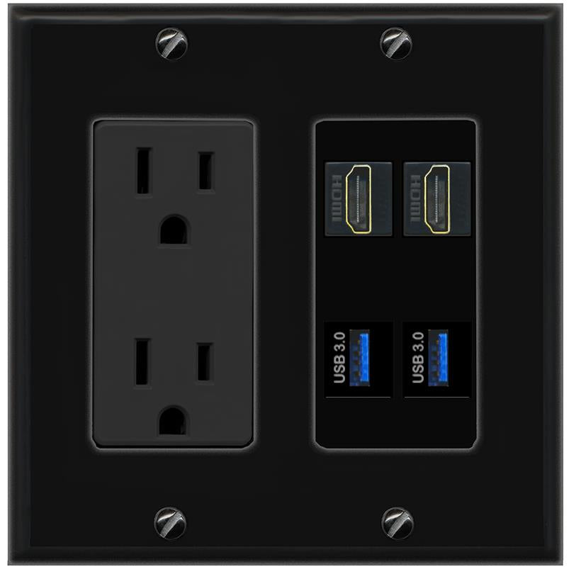 RiteAV 2 HDMI 2 USB-3 Wall Plate with 15A Power Outlet [Black]