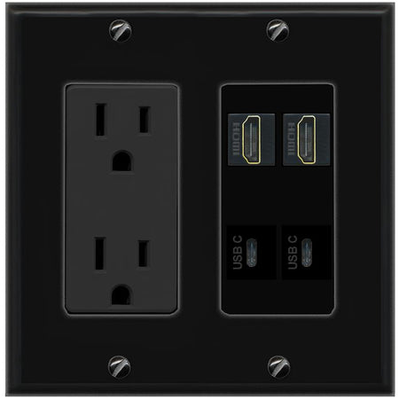 RiteAV 2 HDMI 2 USBC Wall Plate with 15A Power Outlet [Black]