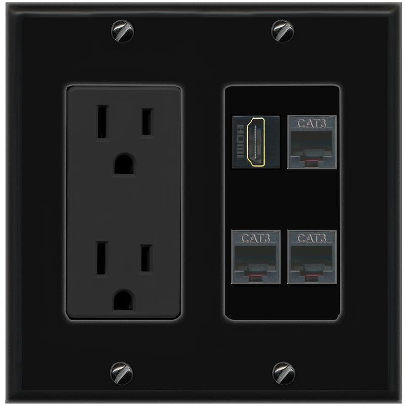 RiteAV HDMI 3 PHONE Wall Plate with 15A Power Outlet [Black]