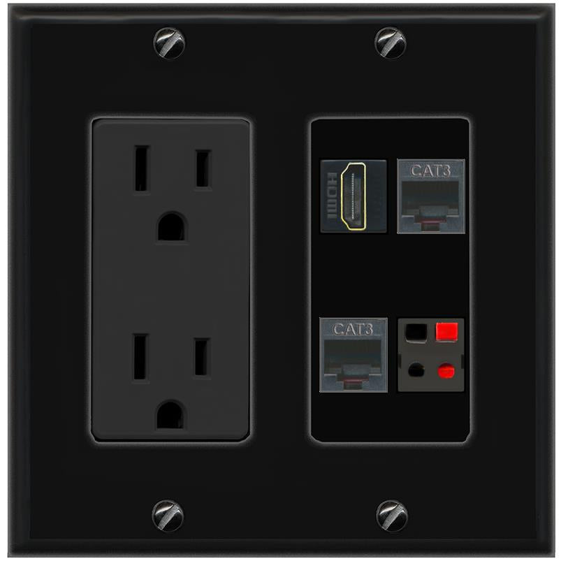 RiteAV HDMI 2 PHONE SPEAKER Wall Plate with 15A Power Outlet [Black]