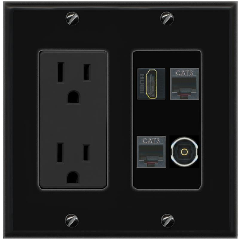 RiteAV HDMI 2 PHONE TOSLINK Wall Plate with 15A Power Outlet [Black]