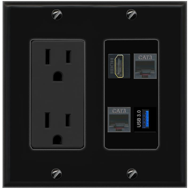 RiteAV HDMI 2 PHONE USB-3 Wall Plate with 15A Power Outlet [Black]