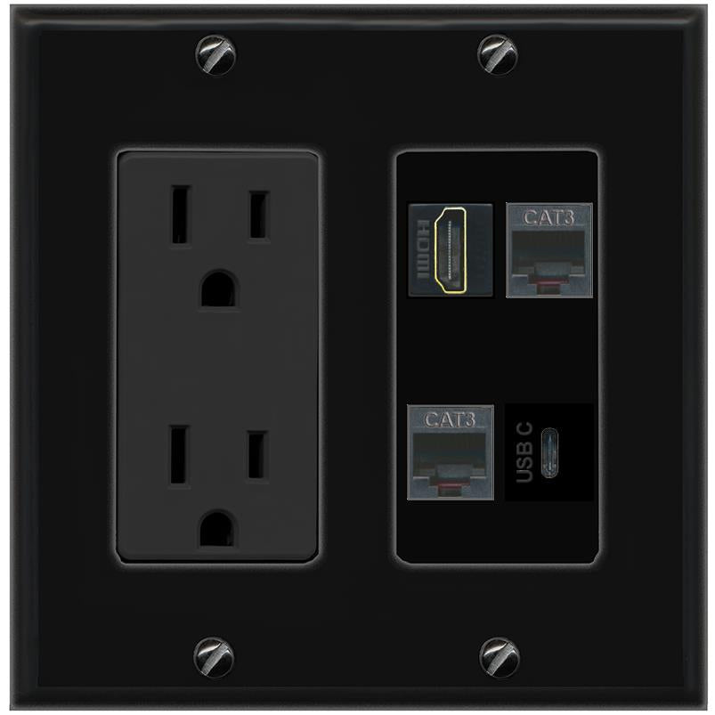 RiteAV HDMI 2 PHONE USBC Wall Plate with 15A Power Outlet [Black]