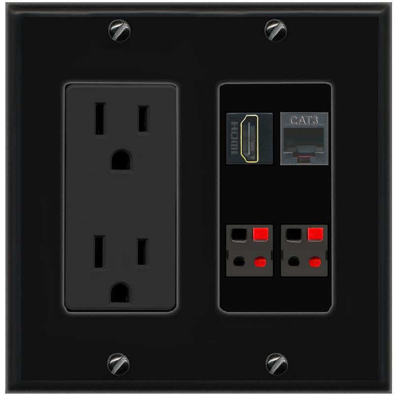 RiteAV HDMI PHONE 2 SPEAKER Wall Plate with 15A Power Outlet [Black]