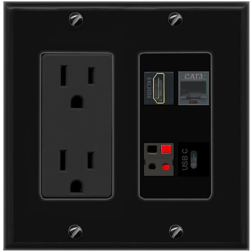 RiteAV HDMI PHONE SPEAKER USBC Wall Plate with 15A Power Outlet [Black]
