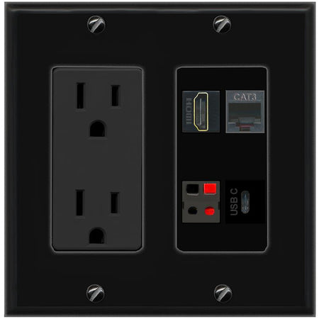 RiteAV HDMI PHONE SPEAKER USBC Wall Plate with 15A Power Outlet [Black]