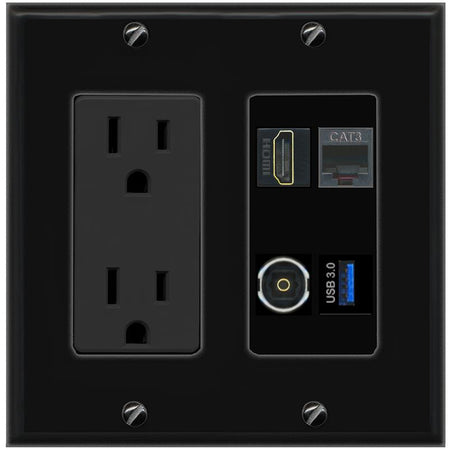 RiteAV HDMI PHONE TOSLINK USB-3 Wall Plate with 15A Power Outlet [Black]