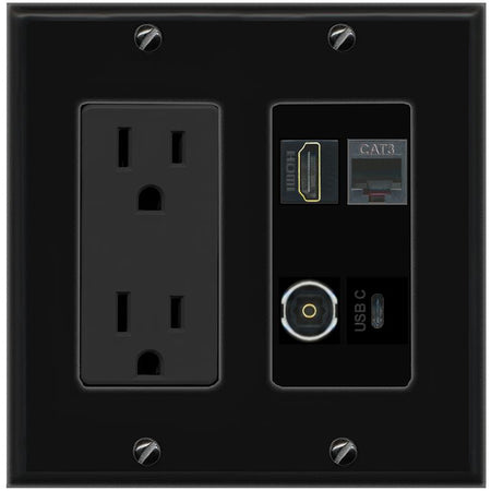 RiteAV HDMI PHONE TOSLINK USBC Wall Plate with 15A Power Outlet [Black]