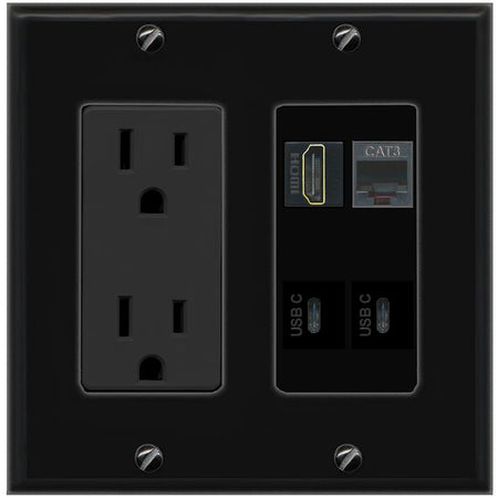 RiteAV HDMI PHONE 2 USBC Wall Plate with 15A Power Outlet [Black]