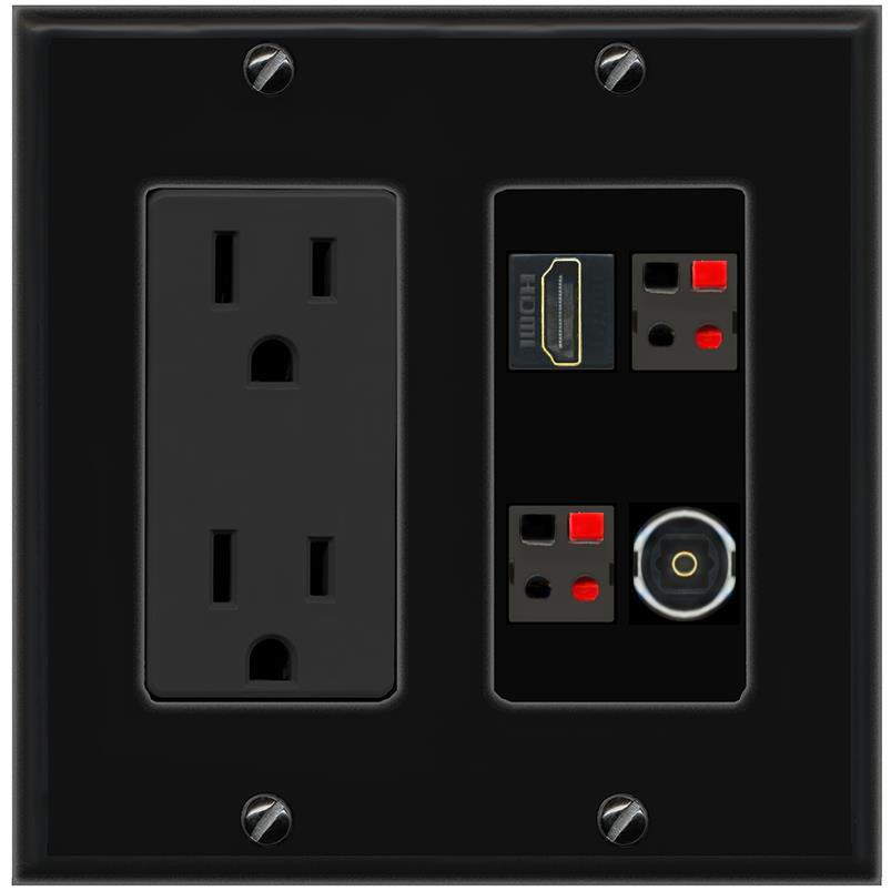 RiteAV HDMI 2 SPEAKER TOSLINK Wall Plate with 15A Power Outlet [Black]