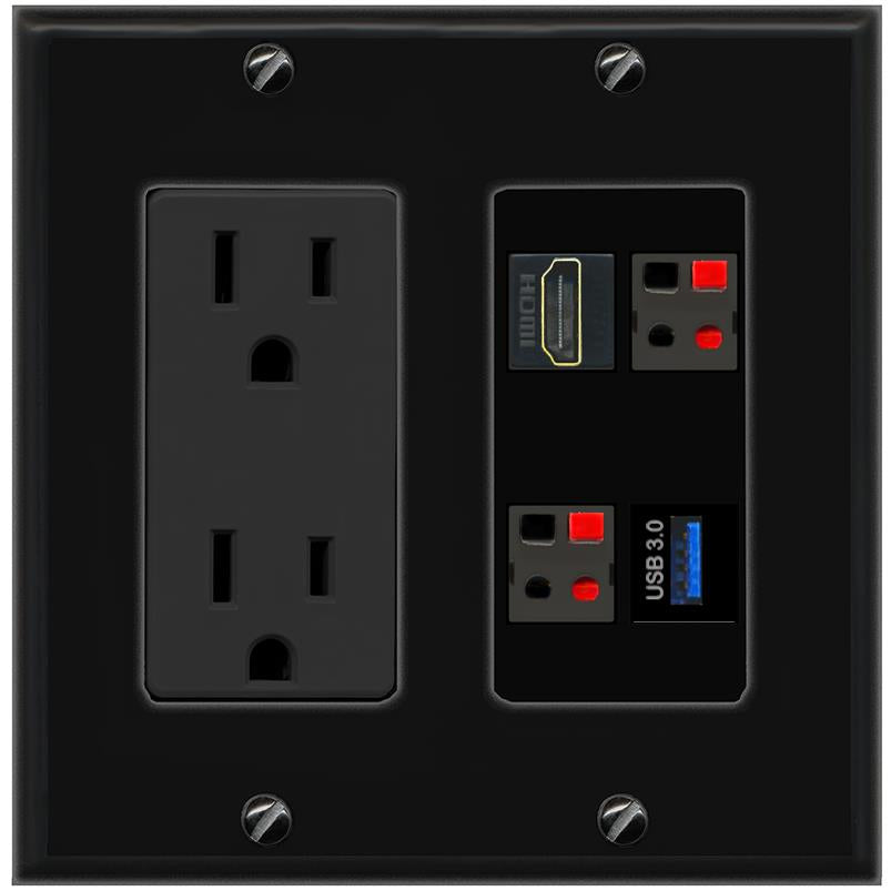 RiteAV HDMI 2 SPEAKER USB-3 Wall Plate with 15A Power Outlet [Black]