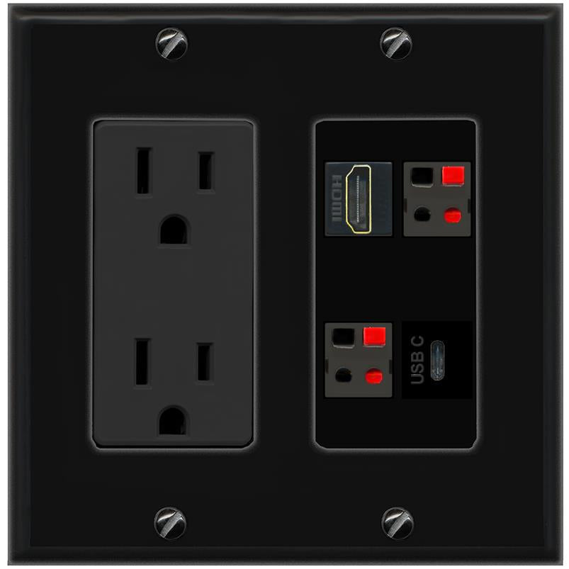 RiteAV HDMI 2 SPEAKER USBC Wall Plate with 15A Power Outlet [Black]