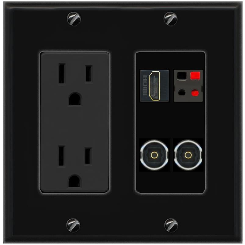 RiteAV HDMI SPEAKER 2 TOSLINK Wall Plate with 15A Power Outlet [Black]