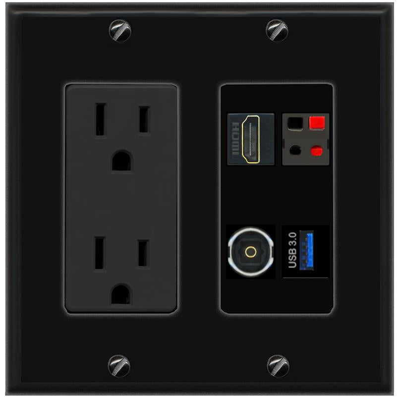 RiteAV HDMI SPEAKER TOSLINK USB-3 Wall Plate with 15A Power Outlet [Black]