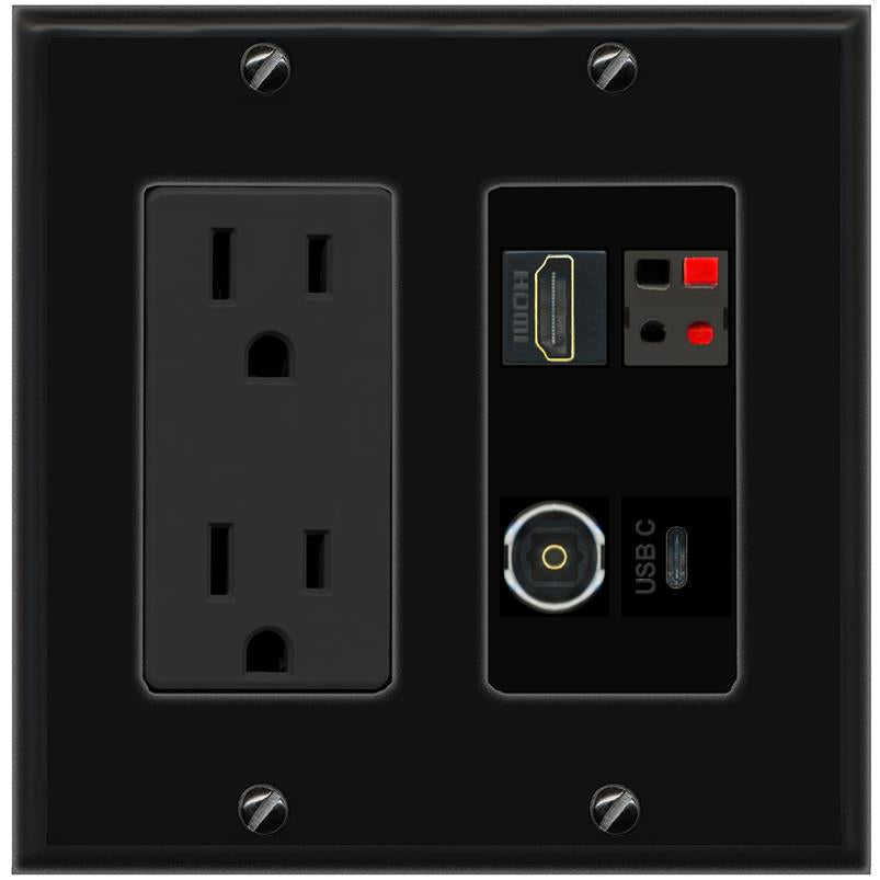 RiteAV HDMI SPEAKER TOSLINK USBC Wall Plate with 15A Power Outlet [Black]