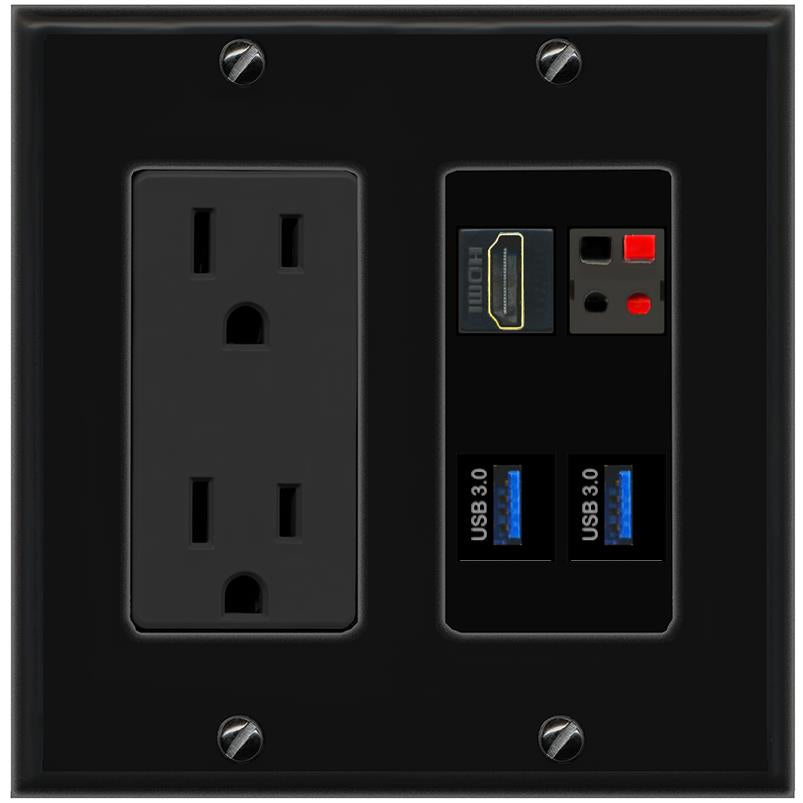 RiteAV HDMI SPEAKER 2 USB-3 Wall Plate with 15A Power Outlet [Black]