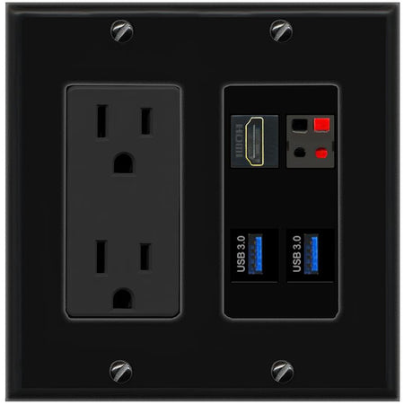 RiteAV HDMI SPEAKER 2 USB-3 Wall Plate with 15A Power Outlet [Black]