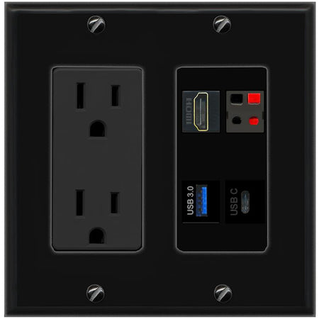RiteAV HDMI SPEAKER USB-3 USBC Wall Plate with 15A Power Outlet [Black]