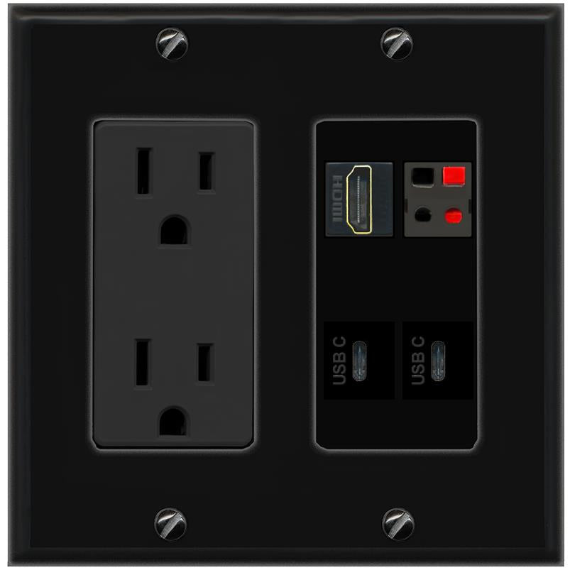 RiteAV HDMI SPEAKER 2 USBC Wall Plate with 15A Power Outlet [Black]