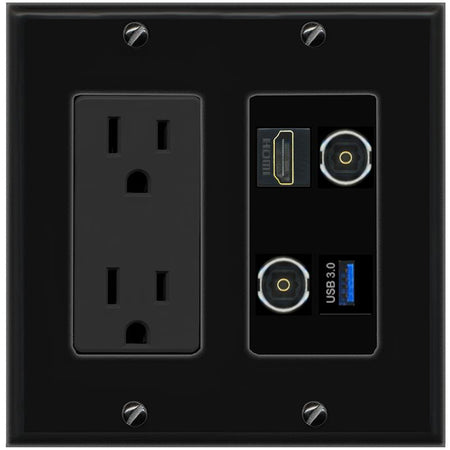 RiteAV HDMI 2 TOSLINK USB-3 Wall Plate with 15A Power Outlet [Black]