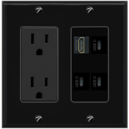 RiteAV HDMI 3 USBC Wall Plate with 15A Power Outlet [Black]