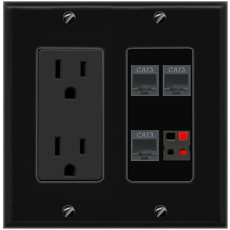 RiteAV 3 PHONE SPEAKER Wall Plate with 15A Power Outlet [Black]