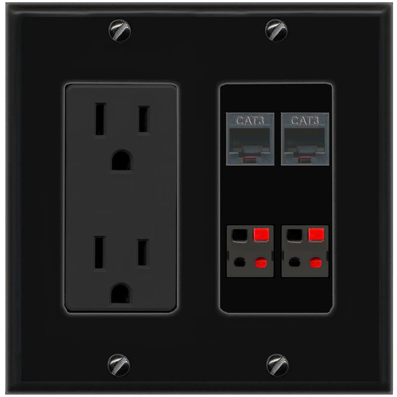 RiteAV 2 PHONE 2 SPEAKER Wall Plate with 15A Power Outlet [Black]