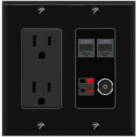RiteAV 2 PHONE SPEAKER TOSLINK Wall Plate with 15A Power Outlet [Black]