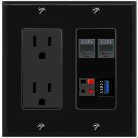RiteAV 2 PHONE SPEAKER USB-3 Wall Plate with 15A Power Outlet [Black]