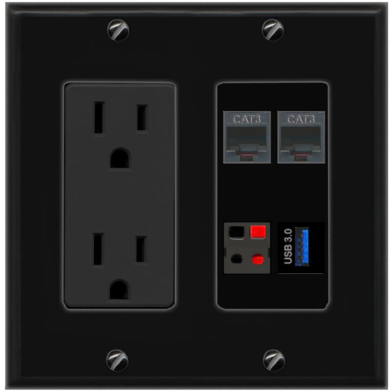 RiteAV 2 PHONE SPEAKER USB-3 Wall Plate with 15A Power Outlet [Black]