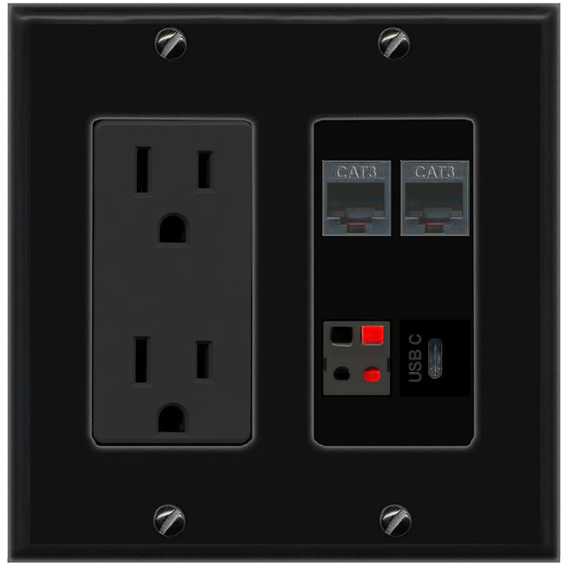 RiteAV 2 PHONE SPEAKER USBC Wall Plate with 15A Power Outlet [Black]