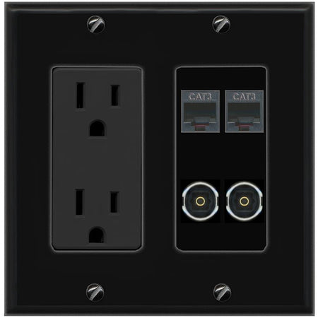 RiteAV 2 PHONE 2 TOSLINK Wall Plate with 15A Power Outlet [Black]